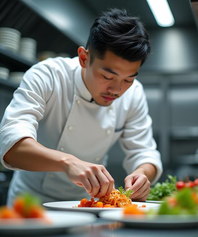 A professional chef plating a dish using fresh ingredients in a restaurant kitchen.
