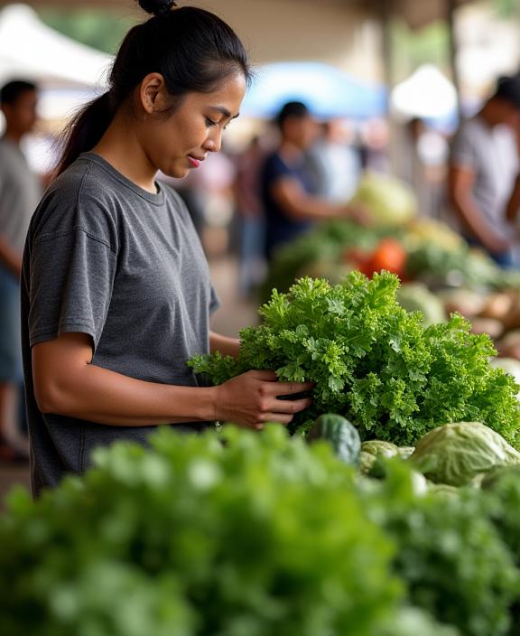 Founder of Wholesome Straits inspecting fresh leafy greens at a local farm.