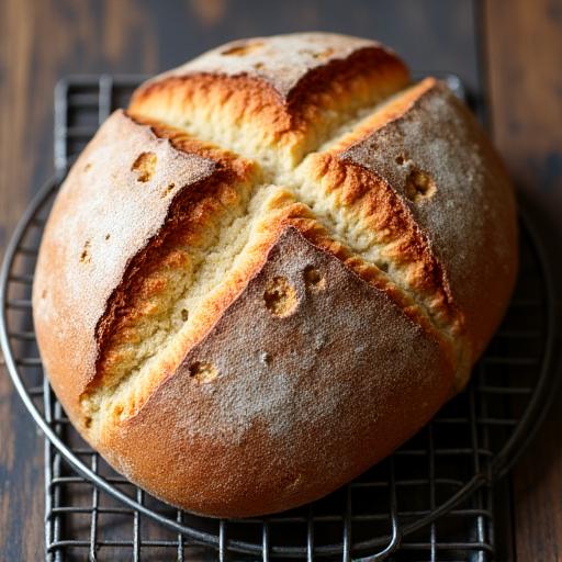 A close-up of a rustic, freshly baked sourdough loaf on a cooling rack.