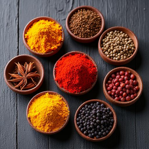 An array of colourful international spices in ceramic bowls.