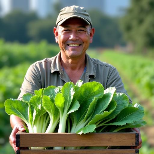 A smiling Singaporean farmer holding a crate of freshly harvested bok choy.